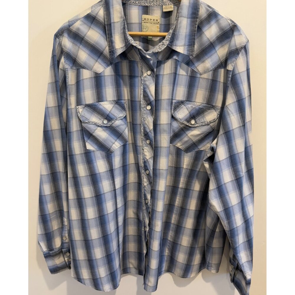 Roper Womens Size‎ 3XL Blue Plaid Western Blouse Pearl Snaps 100% Cotton Cowgirl